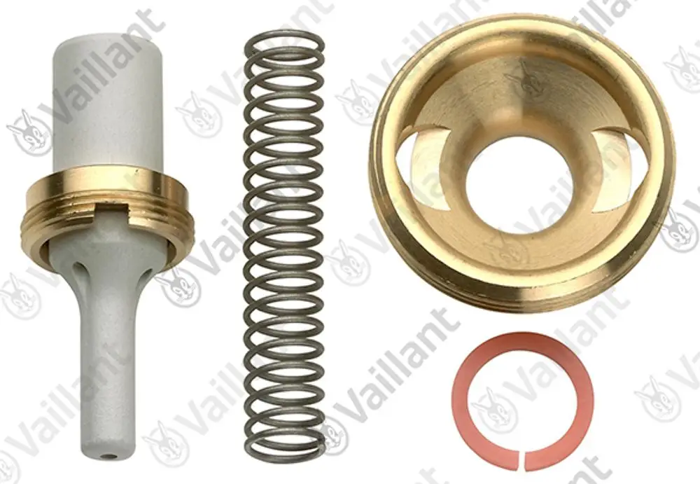 Verschiedene Komponenten eines Vaillant Wassermengenreglers, darunter ein Ventil mit Feder, Dichtung und Metallgehäuse.